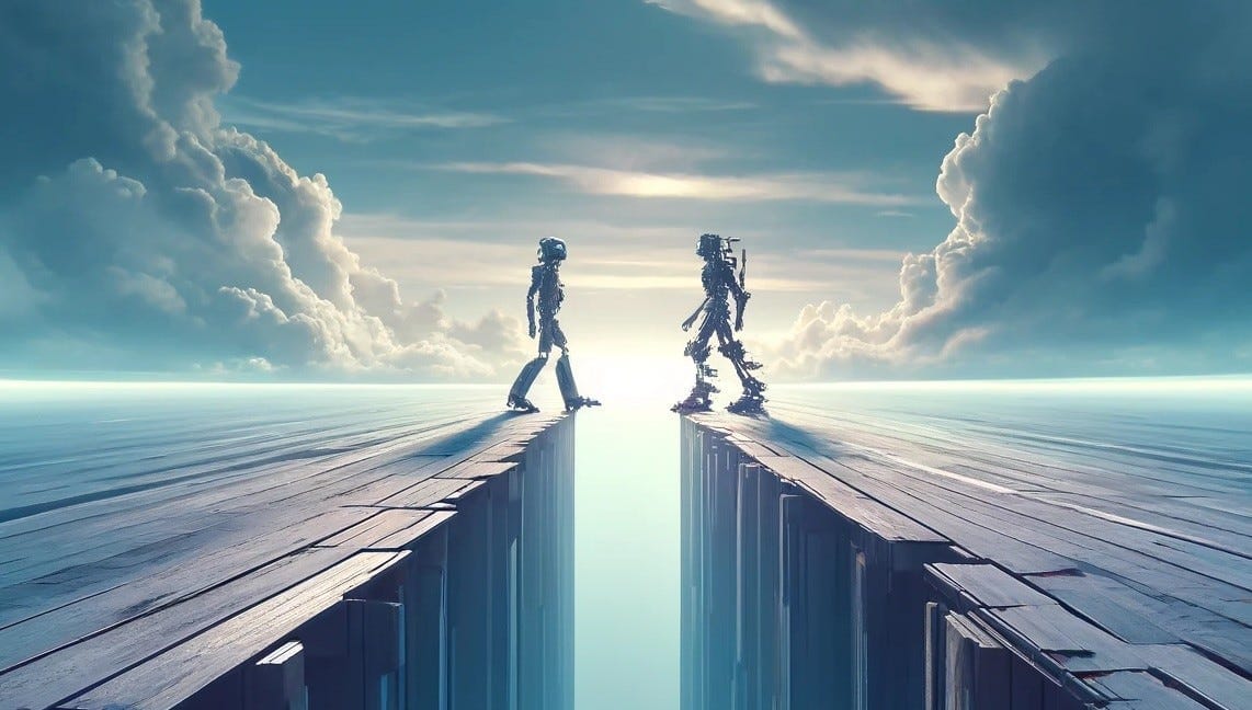 Credit: ChatGPT. Depicts two AI bots walking towards each other towards an inevitable abyss.