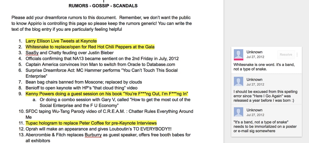 excerpt from Appirio marketing “rumors” brainstorm