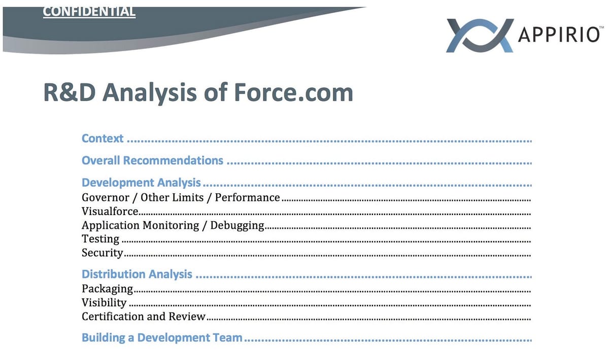 Table of contents from 2008–9 analysis of Force.com